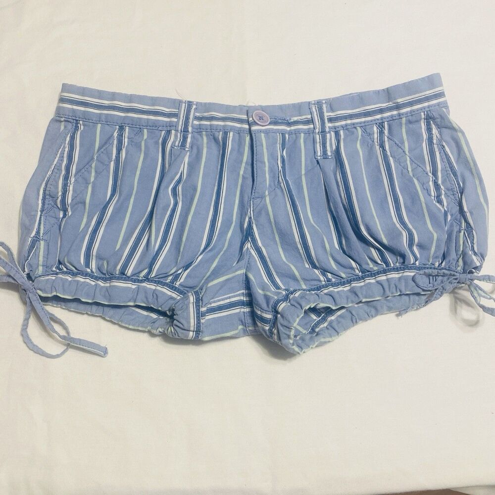 Vtg Y2K Hollister Bubble Shorts Size 1 Blue Drawstring Tie Leg Adjustable Stripe
